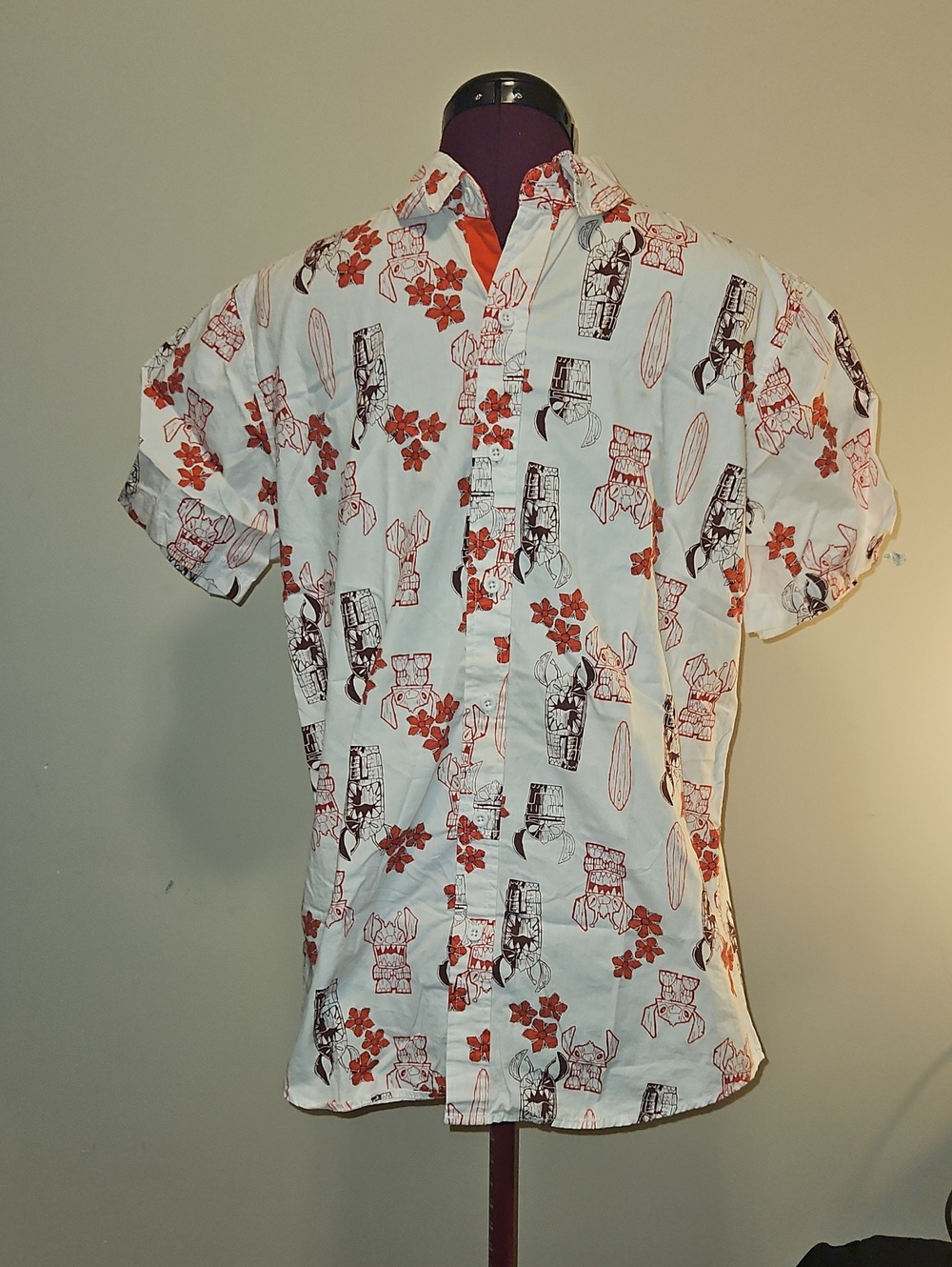 Disney White Short-Sleeve Button-Down Shirt with Stitch Tiki Print
